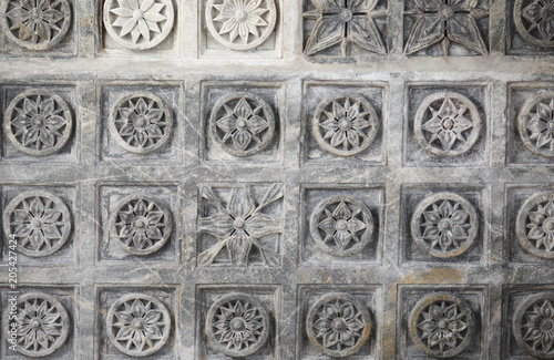 Ancient Architectural Ornament, Stone Carving Decorations Inside Ranakpur Jain Temple in Rajasthan, India