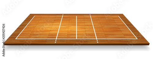 An illustration of an aerial view of a hardwood with perspective volleyball court. Vector EPS 10
