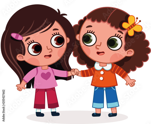 Vector illustration of two cute girls holding hands. Cartoon image with friendship theme.