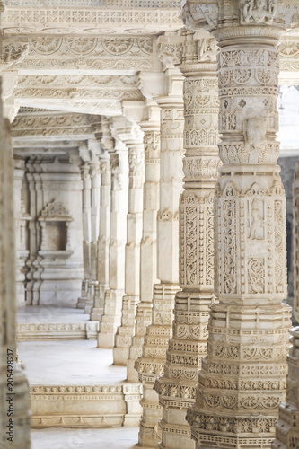 Ancient Architectural Ornament, Stone Carving Decorations Inside Ranakpur Jain Temple in Rajasthan, India