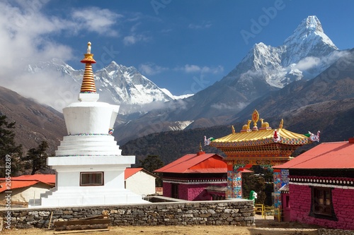 Tengboche Monastery with stupa and mount Everest