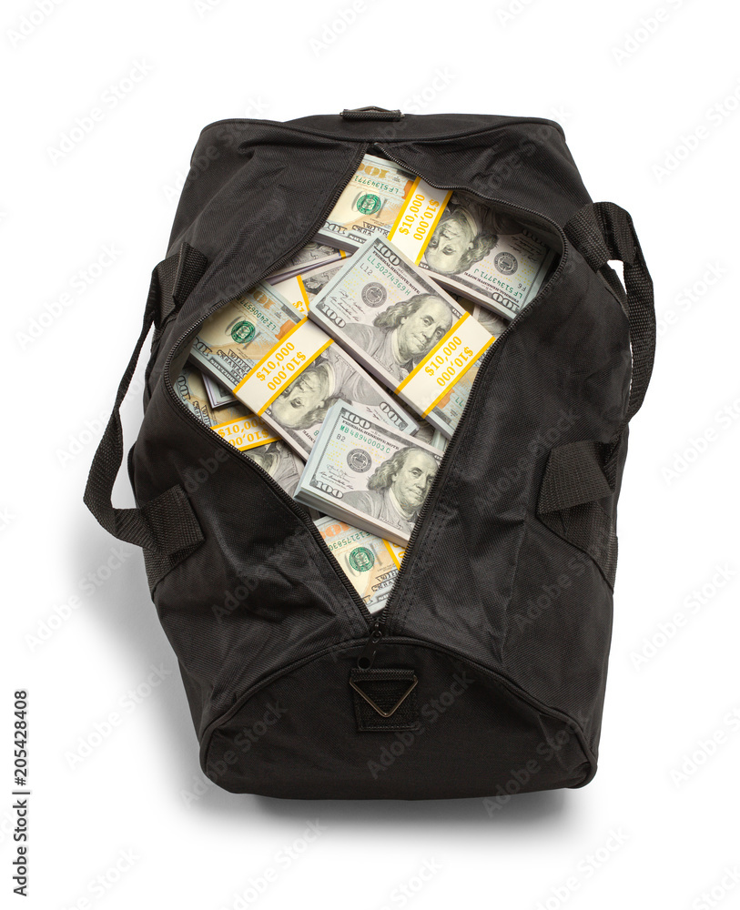 Duffel Bag Full of Money Top View Stock Photo