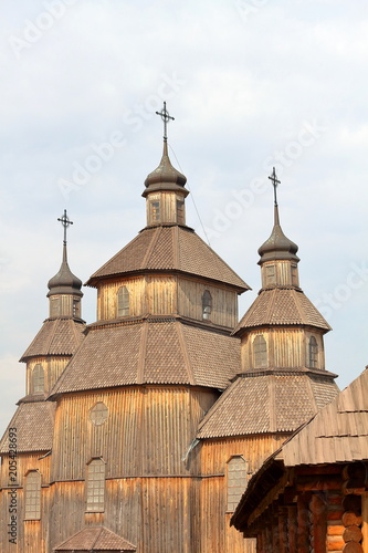 Old wooden church made only of timber logs and boards on the island of Khortytsya