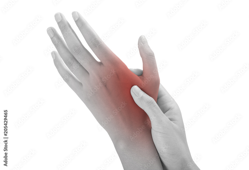 Woman hand holding massaging her back hand red highlighted in pain area, black and white color, pain concept, Isolated on white background.
