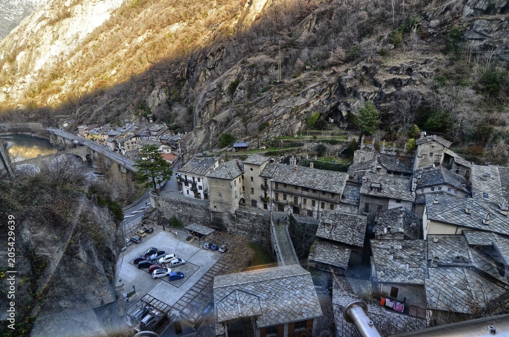 Forte di Bard, Valle d'Aosta region Italy, December 2016. View from the panoramic elevator leading to the top of the fort. This place was chosen in 2014 to shoot a film of adventure, action, fantasy.