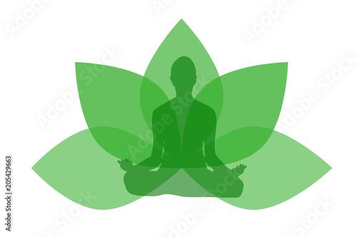 Silueta de mujer haciendo yoga con hojas verdes.