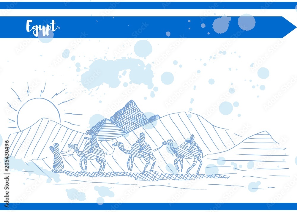 Naklejka premium blue desert sun pyramid camels sketch postcard