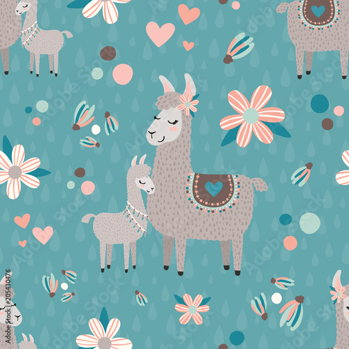 Vector Teal Mama Llama Seamless Pattern Background