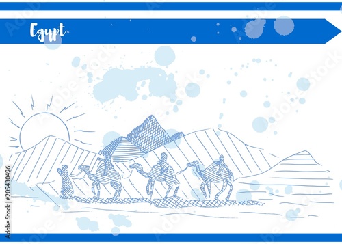 blue desert sun pyramid camels sketch postcard