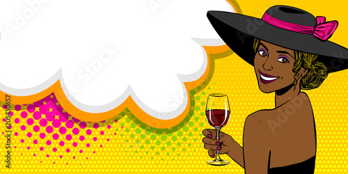 Elegance pop art woman in hat bow look back hold glass of wine. Black african girl. Comic text speech bubble vector illustration. Summer party poster advertisement. Retro vintage cartoon style.