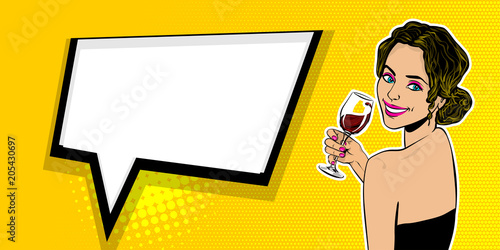 Elegance pop art brunette woman smiling look back and hold glass of wine. Comic text speech bubble vector illustration. Summer party poster advertisement. Retro halftone vintage cartoon style.