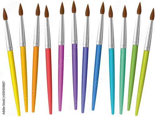 Paintbrushes loosely arranged. Set of twelve rainbow colored thin paint brushes - isolated vector illustration on white background.