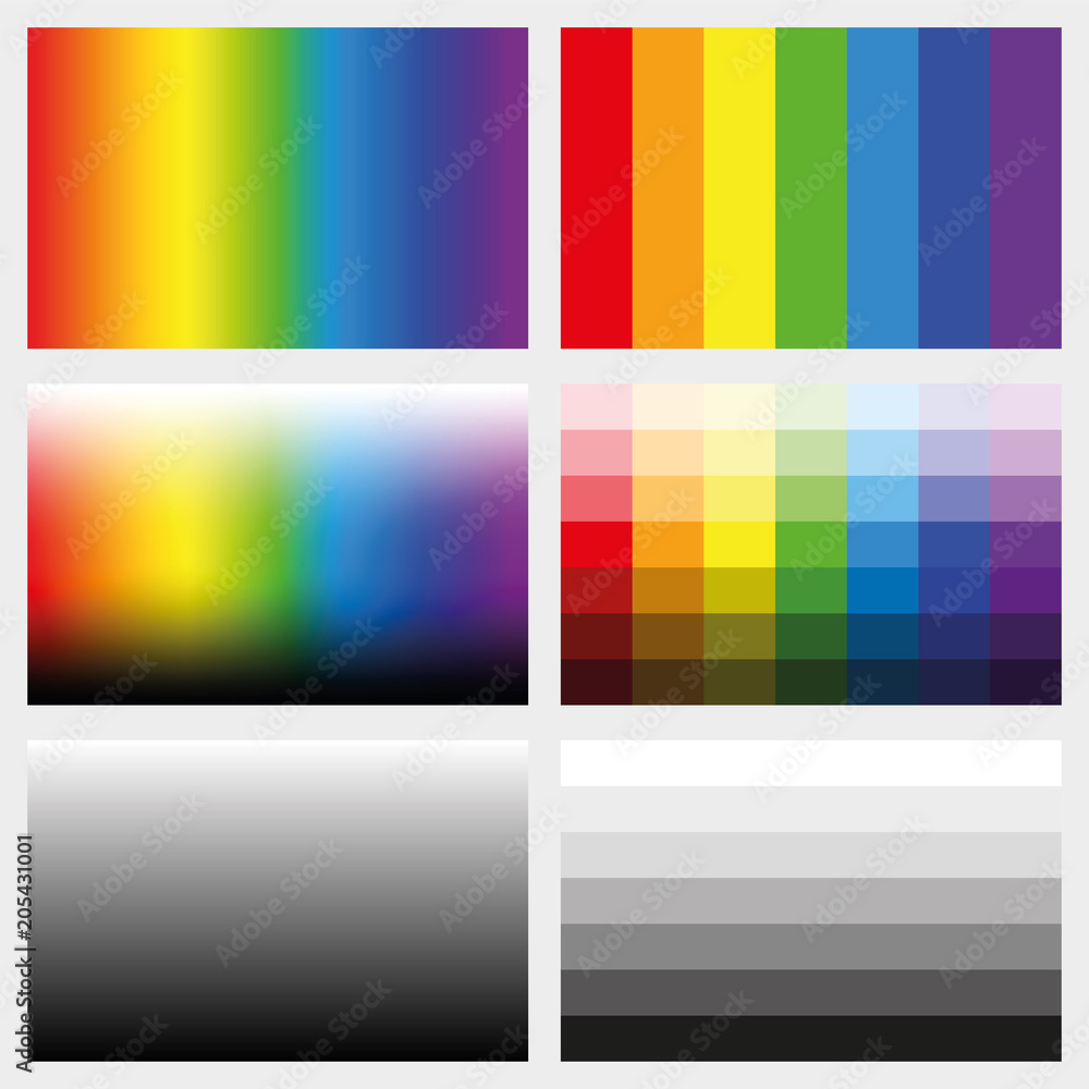 Shade tabs. Set of color gradients, grayscales and saturation spectrums in different gradations from light to dark - work tool for graphic design artists - vector illustration.