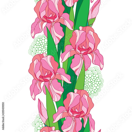 Fototapeta Naklejka Na Ścianę i Meble -  Vector seamless pattern with outline pastel pink Iris flower, bud and green leaf on the white background. Floral background with ornate Iris in contour style for spring or summer design.