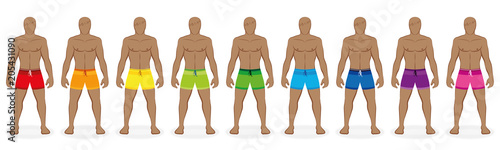 Swim trunks. Rainbow colored collection of beachwear for nine men - red, orange, yellow, green, blue, purple, pink. Isolated vector illustration on white background.