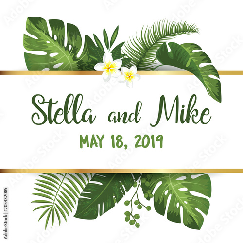 Save the date card with tropical exotic leafs and flowers. Wedding invitation design with jungle plants