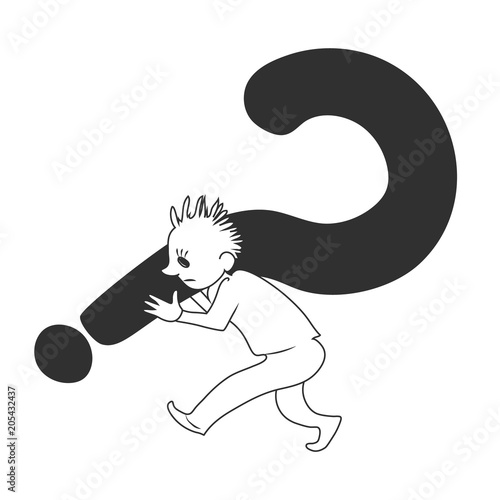 Sad man drags big question mark on his shoulders. Vector sketch image.