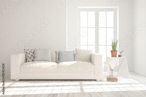 Idea of white minimalist room with sofa. Scandinavian interior design. 3D illustration