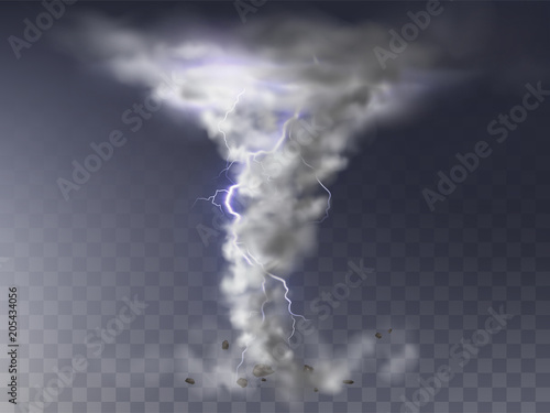 Vector illustration of realistic tornado with lightning, destructive hurricane isolated on transparent background. Wind cyclone, twisted vortex with flash of light, dangerous natural disaster photo