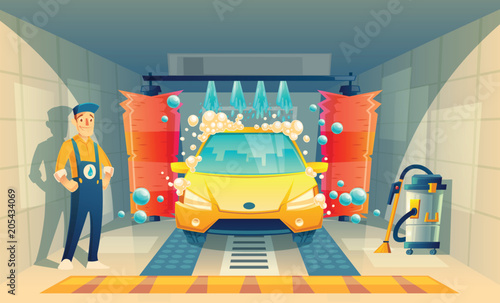 Vector automatic car washing, service with cartoon character in box, yellow vehicle inside the garage. Cleaning transport by liquid detergent, brushes and working staff. Open washing room with worker