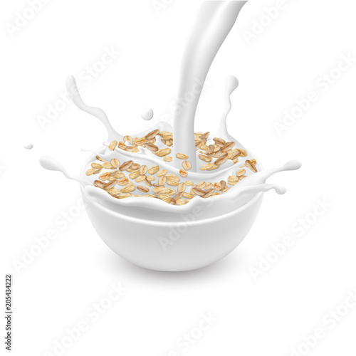 Vector realistic ceramic bowl with oat flakes or muesli, with white pouring milk and splashes isolated on background. Oatmeal, natural organic food for healthy eating and diet. Mockup for advertising