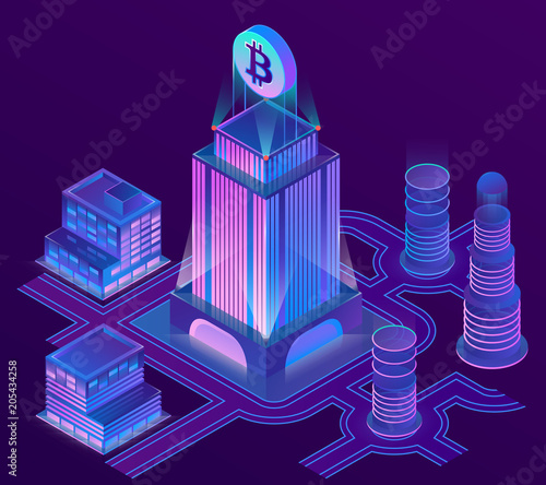 Vector 3d isometric city in ultra violet colors with bitcoin on top of skyscraper. Cityscape, futuristic town with neon illuminations. Cryptocurrency mining, modern internet technologies concept