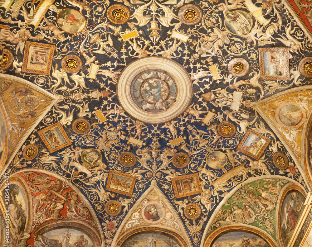 PARMA, ITALY - APRIL 17, 2018: The ceilig fresco (grotesque) of Camera di San Paolo by Alessandro Araldi (1514).