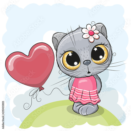 Cat girl with balloon on the meadow