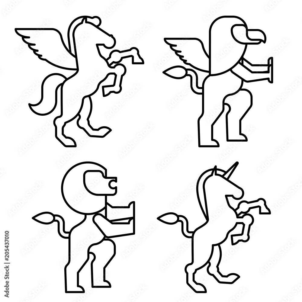 Animals heraldic set symbol. Pegasus and Lion and Gryphon. Sign Beast for coat of arms. Royal Vector illustration Animals heraldic set symbol. Pegasus and Lion and Gryphon. Sign Beast for coat of arms. Royal Vector illustration