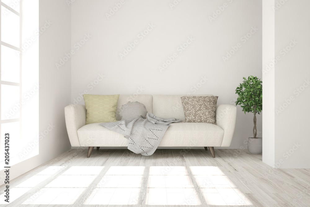Idea of white minimalist room with sofa. Scandinavian interior design. 3D illustration Idea of white minimalist room with sofa. Scandinavian interior design. 3D illustration