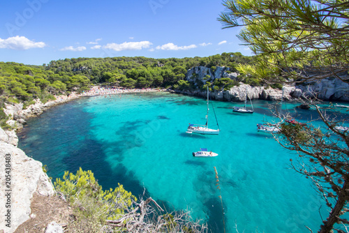 Boats and yachts on Macarella beach  Menorca  Spain