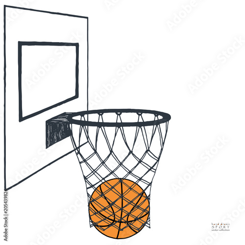 Action vector illustration of basket ball in the hoop. Backboard, hoop, ring, net, kit. Hand drawn sketch. White background