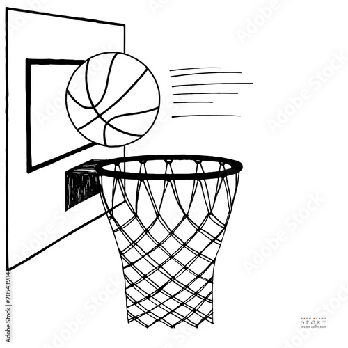 Action vector illustration of basket ball and backboard, hoop, ring, net, kit. Hand drawn sketch. Black on white background