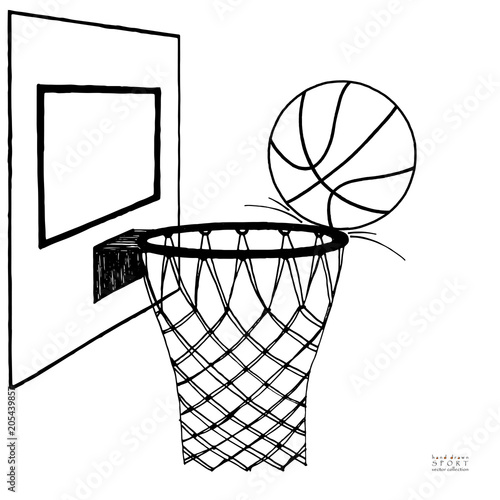 Action vector illustration of basket ball missing the point. Backboard, hoop, ring, net, kit. Hand drawn sketch. Black on white background
