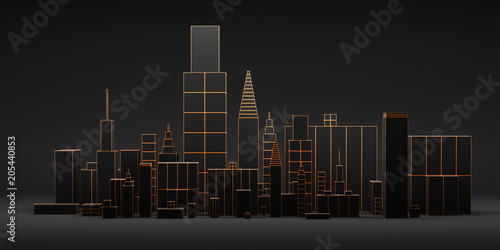 Urban dark abstract background, futuristic city panorama. 3d illustration.