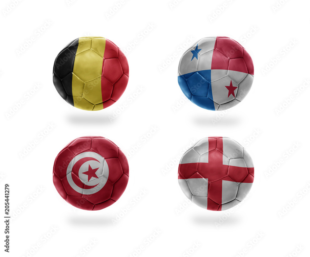 soccer team group G. football balls with national flags of belgium, panama, tunisia, england