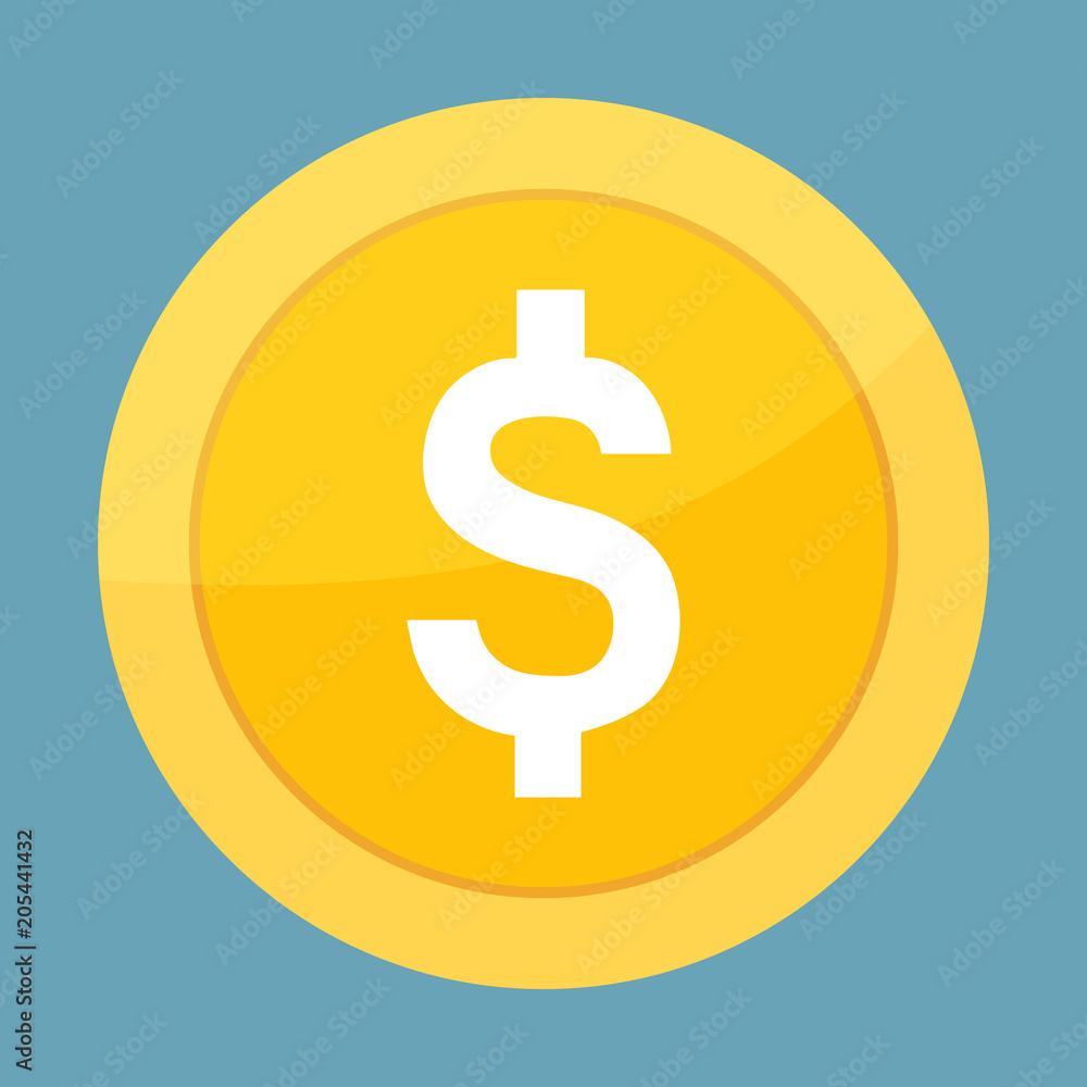 Simple, flat gold dollar coin icon. Cartoon coin design. On a light-blue  background Stock Vector | Adobe Stock
