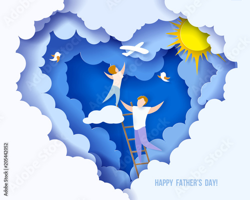 Handsome man with his son on cloud. Happy fathers day card. Paper cut style. Vector illustration