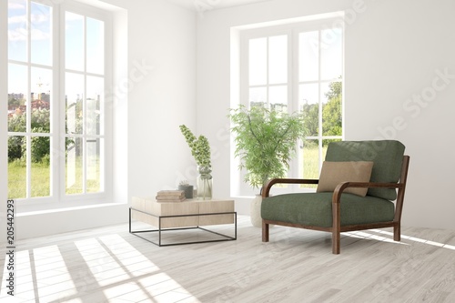 Idea of white room with armchair and summer landscape in window. Scandinavian interior design. 3D illustration