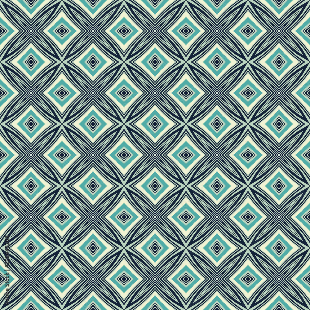 Green Geometric pattern in repeat. Fabric print. Seamless background, mosaic ornament, ethnic style. Green Geometric pattern in repeat. Fabric print. Seamless background, mosaic ornament, ethnic style.
