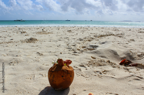 plage de sable blanc et eaux turquoise aux seychelles 