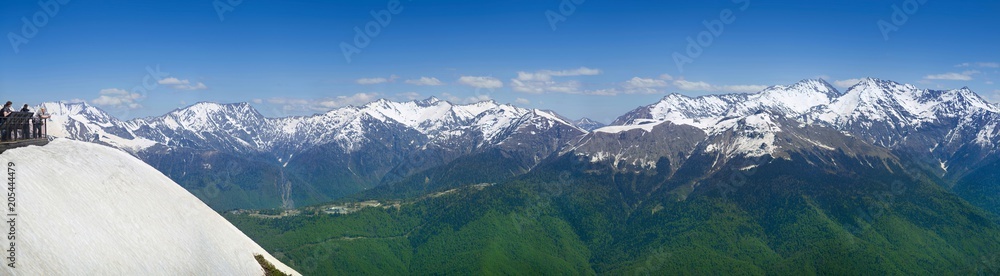 Panoramic view of the mountains. Rose Peak, Rosa Khutor, Estosadok, Sochi Russia.