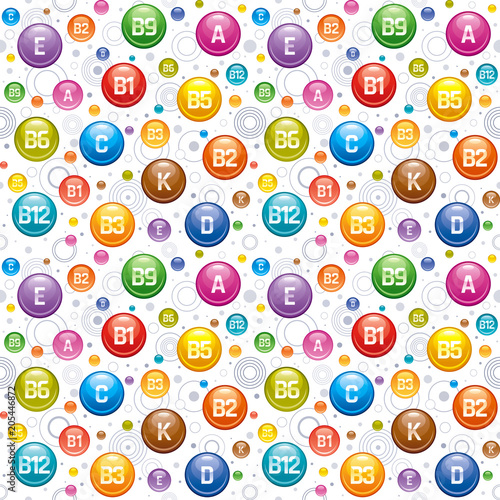 Repeat vitamin mineral wallpaper. Seamless pharmacy wrapping paper design. Multivitamin complex icons. A, B - B1, B2, B3, B5, B6, B9, B12, C, D, E, K multivitamin supplement logo, isolated background