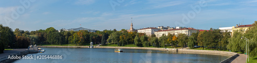 View at the Svisloch river and green park in Minsk city center, Belarus