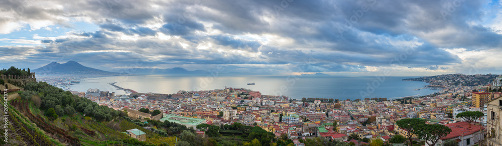 Panorama of Naples, view of the Gulf of Naples and Mount Vesuvius, province of Campania, Italy.