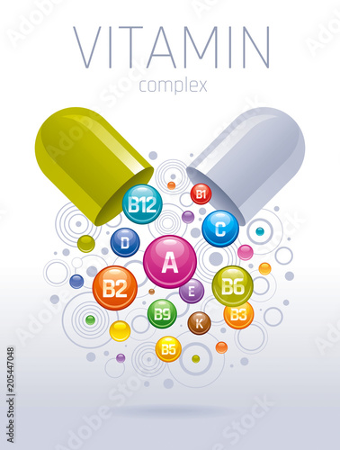 Medical vitamin, mineral background. Multivitamin complex of pill capsule, color vitamins bubbles moving down with names for dietary supplement and healthy lifestyle.