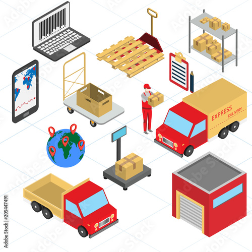 Set of isometric icons of logistics and delivery