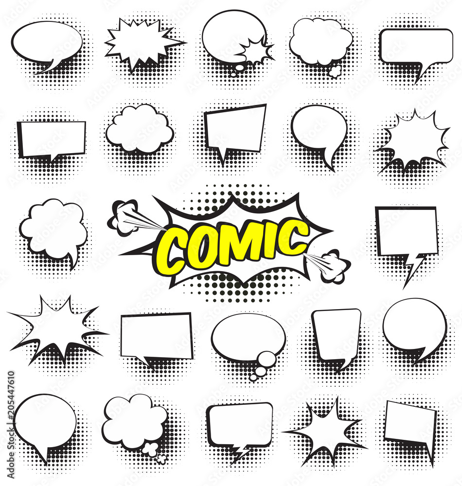 Fototapeta premium Big Set of Cartoon,Comic Speech Bubbles, Empty Dialog Clouds with Halftone Dot Background in Pop Art Style. Vector Illustration for Comics Book , Social Media Banners, Promotional Material