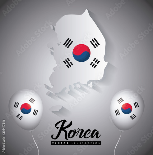 south korea design with map and decorative balloons over gray background, colorful design. vector illustration