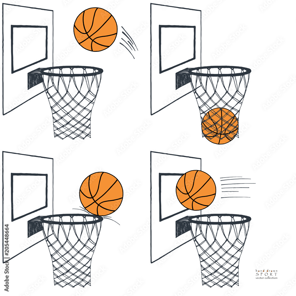 Basket ball action set graphic vector illustration. Backboard, hoop, ring, net, kit. Hand drawn color sketch. On white background